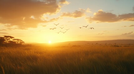 Sunrise Over Savannah with Birds in Golden Light