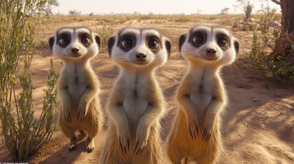 Three Meerkats Standing in a Dry Field