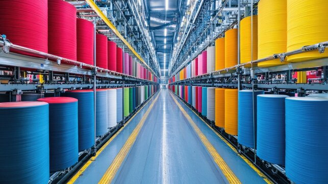 Rolls of fabric being processed through an automated dyeing machine in a state-of-the-art manufacturing facility.