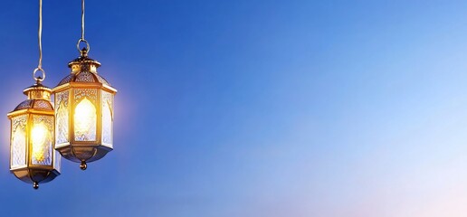 Two ornate lanterns hanging against a blue sky, creating a serene ambiance.