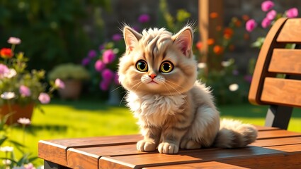 A charming LaPerm cat with soft, curly fur and expressive almond-shaped eyes, sitting elegantly on a wooden bench, bathed in natural sunlight with a garden backdrop.