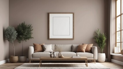 blank mock up frame in modern interior background, Mocha wooden living room