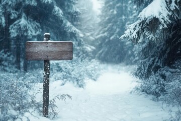 Naklejka premium whimsical winter forest scene with empty wooden sign magical atmosphere