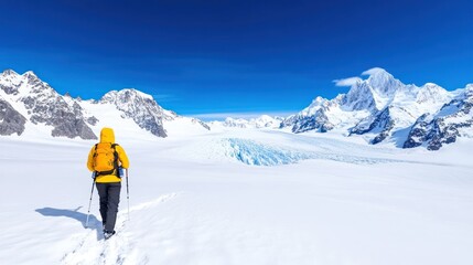A hiker in a yellow jacket walks through a snowy mountain landscape.