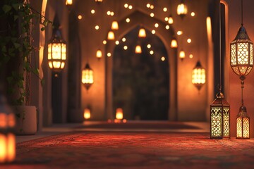 Fototapeta premium A beautifully lit corridor with lanterns and a decorative rug.