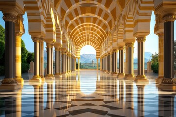 Majestic Architectural Showcase Featuring Elegant Columns and Reflective Floor in a Luxurious Setting with Scenic Mountain Backdrop and Intricate Ceiling Design