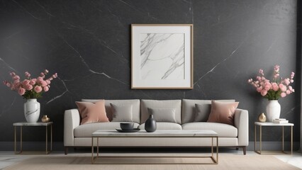 modern living room, beige sofa with marble coffee table and flower vase on Charcoal background