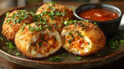 Crispy Fried Stuffed Balls with Spicy Sauce