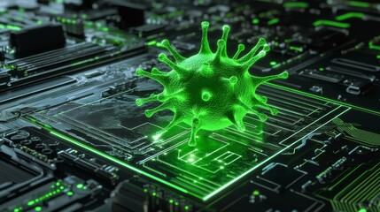 Green Virus on Circuit Board Technology Background