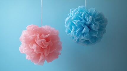 Pastel Pom-Poms Hanging Against a Blue Background