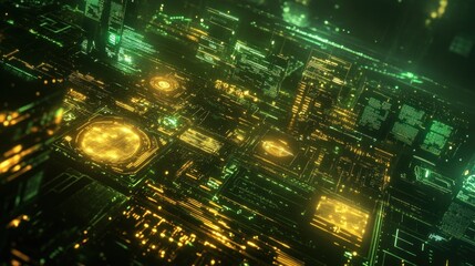 A futuristic digital landscape with glowing circuits and data patterns.