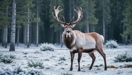 Majestic red deer stag with large antlers standing in a snow-covered winter forest.