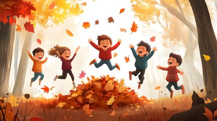 Children Joyfully Leap Into Autumn Leaf Pile