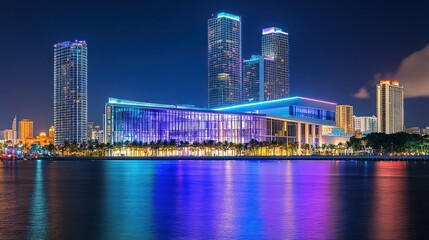 Naklejka premium Night view of a modern cityscape with illuminated buildings and reflections on water.