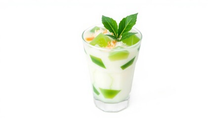 Refreshing Green Jelly Milk Drink with Mint Garnish