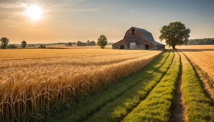 Sunrise over golden wheat field with rustic barn and tree.