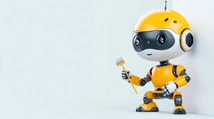 A cute yellow robot holding a paintbrush, ready to paint.