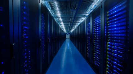 High Contrast Server Room with Modern User Interface Overlay