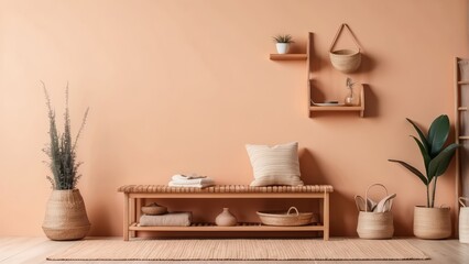 interior mock up with wooden bench rattan carpet