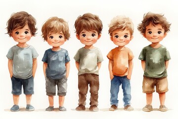 Five cheerful cartoon boys standing side by side, each with a unique hairstyle.