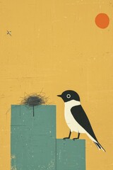 Fototapeta premium Swallow Bird on a Construction Site with Nest Against a Yellow Background Under a Bright Sun