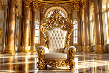 A regal King Throne stands in a grand hall, adorned with intricate carvings and luxurious fabrics, symbolizing power and authority in a generative stock photo