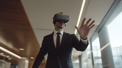 Businessman in suit using virtual reality headset