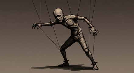 Dark Abstract Illustration of a Puppet on Strings Symbolizing Control conspiracy 