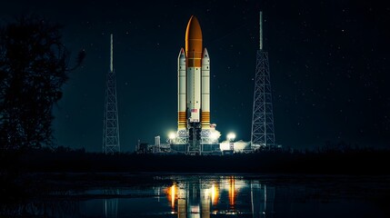 A Majestic Rocket Resting Calmly by a Tranquil Lake Surrounded by Lush Greenery Under a Clear Blue Sky Evoking a Sense of Wonder and Exploration