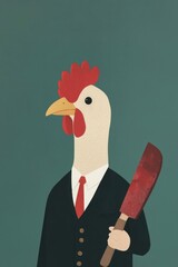 Illustration of a Turkey in Butcher's Uniform Holding a Cleaver in a Stylish and Colorful Design