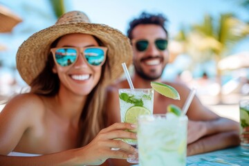 Enjoying refreshing cocktails under the sun at a tropical beach paradise with friends and laughter