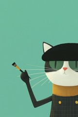 Obraz premium Stylish 3D Render of a Playful Cat Wearing Glasses and a Hat, Holding a Paintbrush in a Vibrant Background