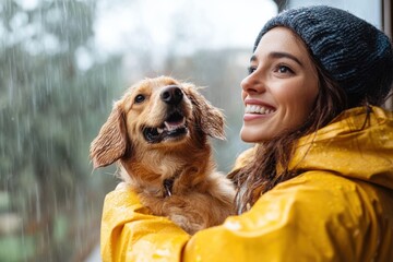 Obraz na płótnie Canvas Joyful woman in yellow raincoat embraces her golden retriever during a rainy day at home
