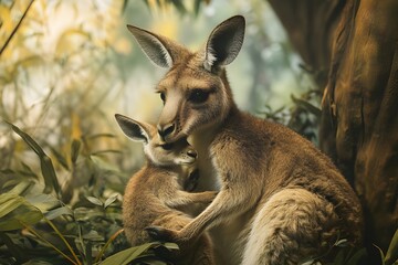 A kangaroo lovingly protects its young