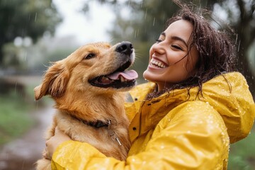 Joyful moments shared between a woman and her golden retriever in a rainy park