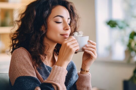 Morning tranquility is savored as a woman enjoys her warm beverage in a cozy, sunlit setting reflecting a serene atmosphere