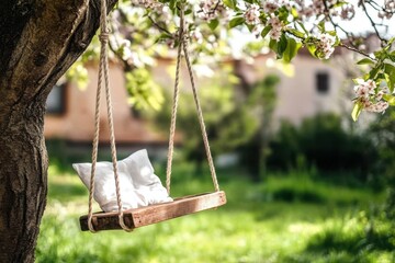 Wooden swing adorned with pillows under blooming trees in a tranquil garden setting