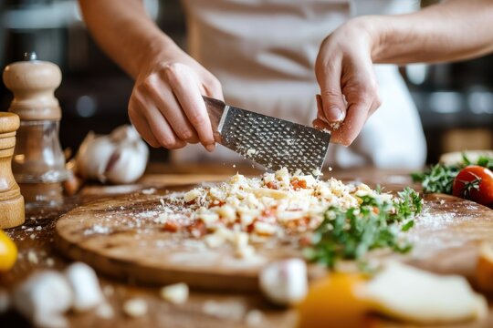 Mastering the art of cheese grating while preparing a delicious culinary masterpiece in a cozy kitchen setting