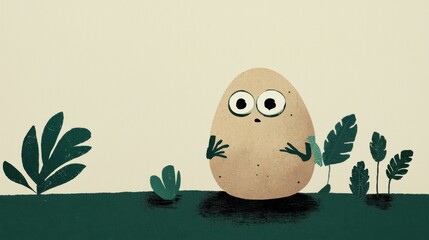 Obraz premium Whimsical Illustration of a Wise Potato Character with Eyes All Over Its Body Surrounded by Green Plants