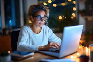 Late-night creativity unfolds as a woman works on her laptop amidst soft lights and cozy ambiance