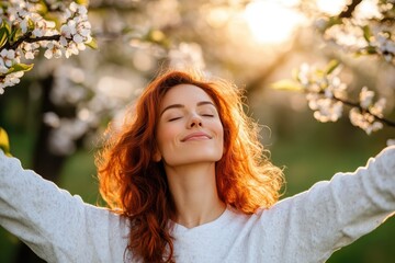 Joyful woman embracing nature in a blooming orchard at sunset, radiating happiness and tranquility amidst vibrant flowers