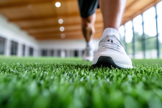 Runner accelerates on artificial turf in indoor sports facility during training session focused on improving speed and agility