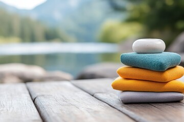 Exploring tranquility by the serene lake with colorful towels and a smooth stone