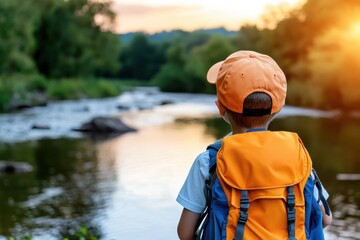Young explorer observes a tranquil river at sunset, dreaming of adventure and discovery in nature's embrace