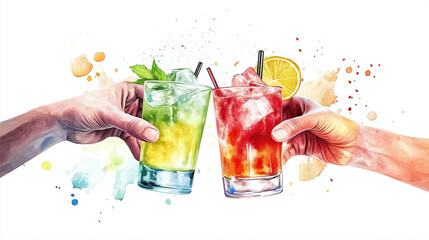 cocktail in hand, hand holding a glass of champagne, watercolor-style digital illustration with hands toasting with different cocktails, People at a party holding cocktails, toasting and celebration
