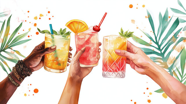 cocktail in hand, hand holding a glass of champagne, watercolor-style digital illustration with hands toasting with different cocktails, People at a party holding cocktails, toasting and celebration