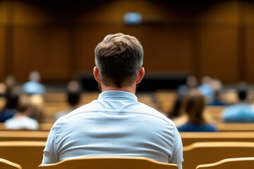 Engaging audience awaits insightful lecture in a spacious conference hall filled with eager minds