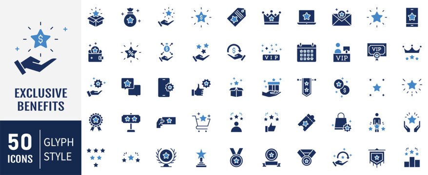 Exclusive Benefits Icons set. Containing icons: Prize, reward, achievement, incentive, vip and more. Vector Illustration