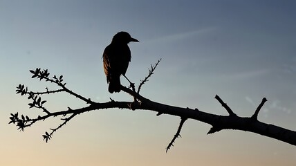 A card with a minimalist silhouette of a bird perched on a branch against a gradient sky