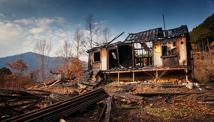 Obraz premium 火事で焼け落ちた家（A house destroyed by fire） 